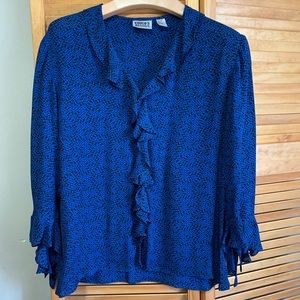Chicos large cobalt blue and navy silk blouse. Frilly at center front n sleeves